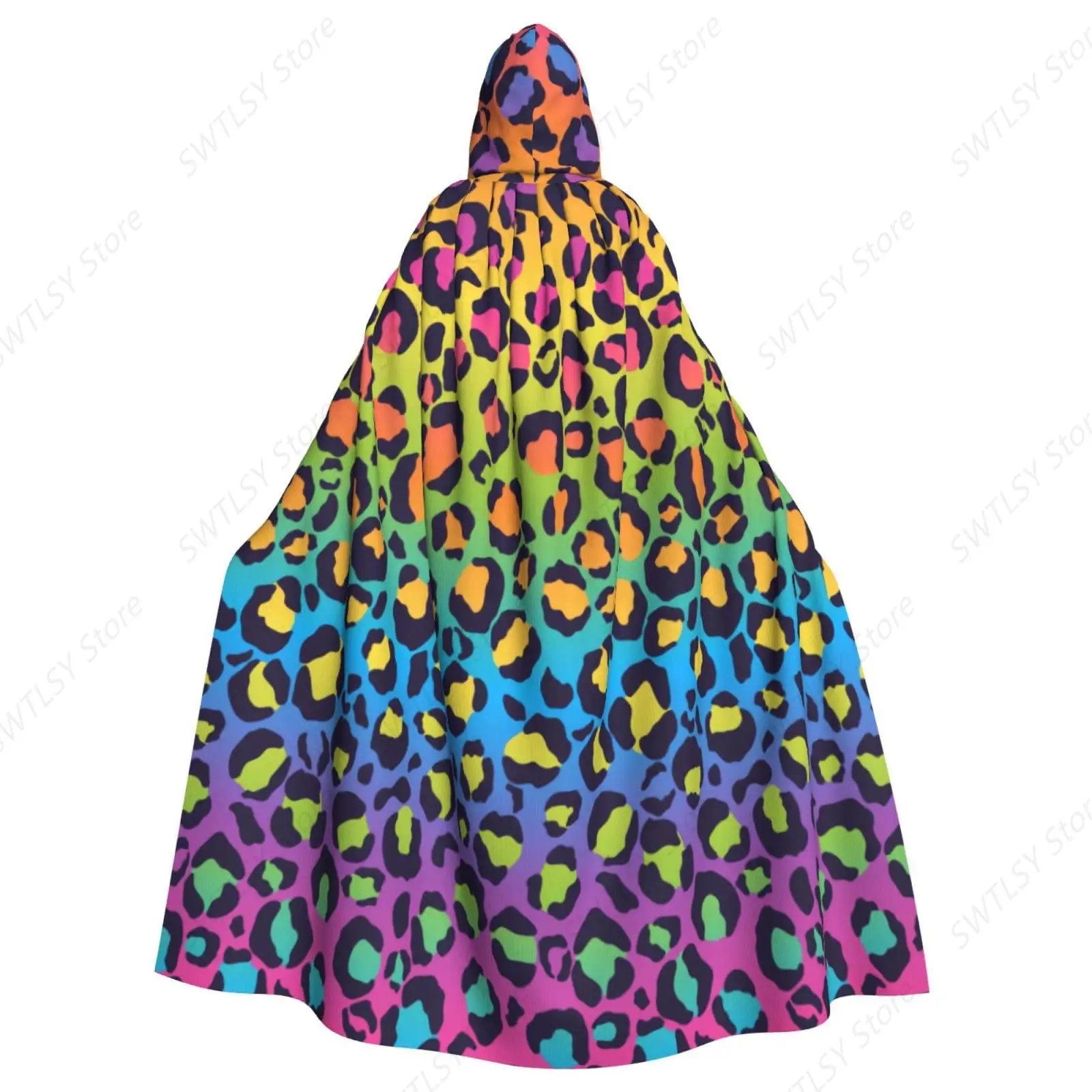 Colorful Leopard Print Halloween Adult Hooded Cape Full Length Cloak Christmas Cosplay Costume Unisex