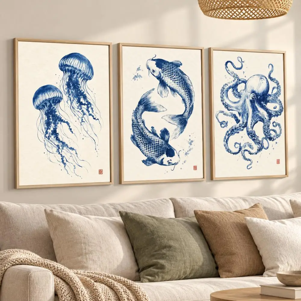 Japanese Blue Koi Fish Sea Fish Painting Calligraphy Canvas Set of 3 Wall Art for Living Room Decor Vintage Fashion Decals