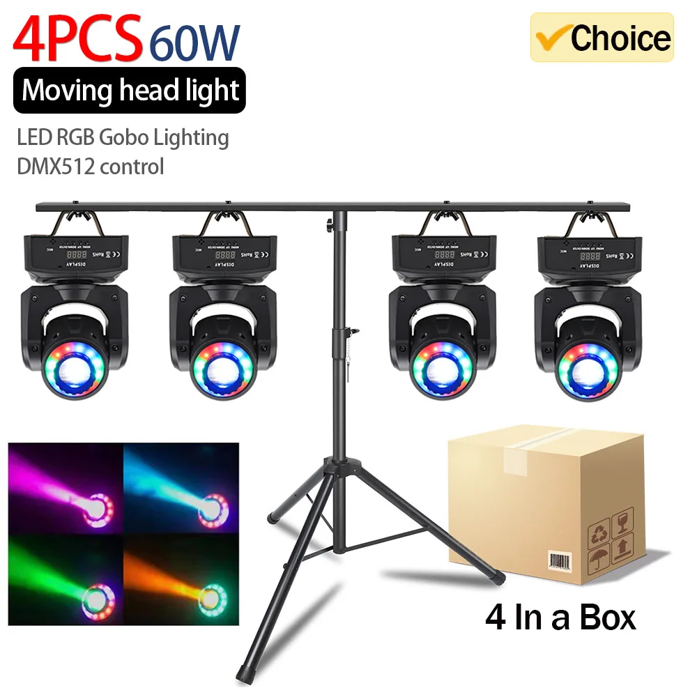 전문 무대 조명, 520 ° 회전 패턴, RGB 디스코 조명 바, KTV 웨딩 앰비언트 라이트, 무빙 헤드 무대 조명, 60W, 4 개