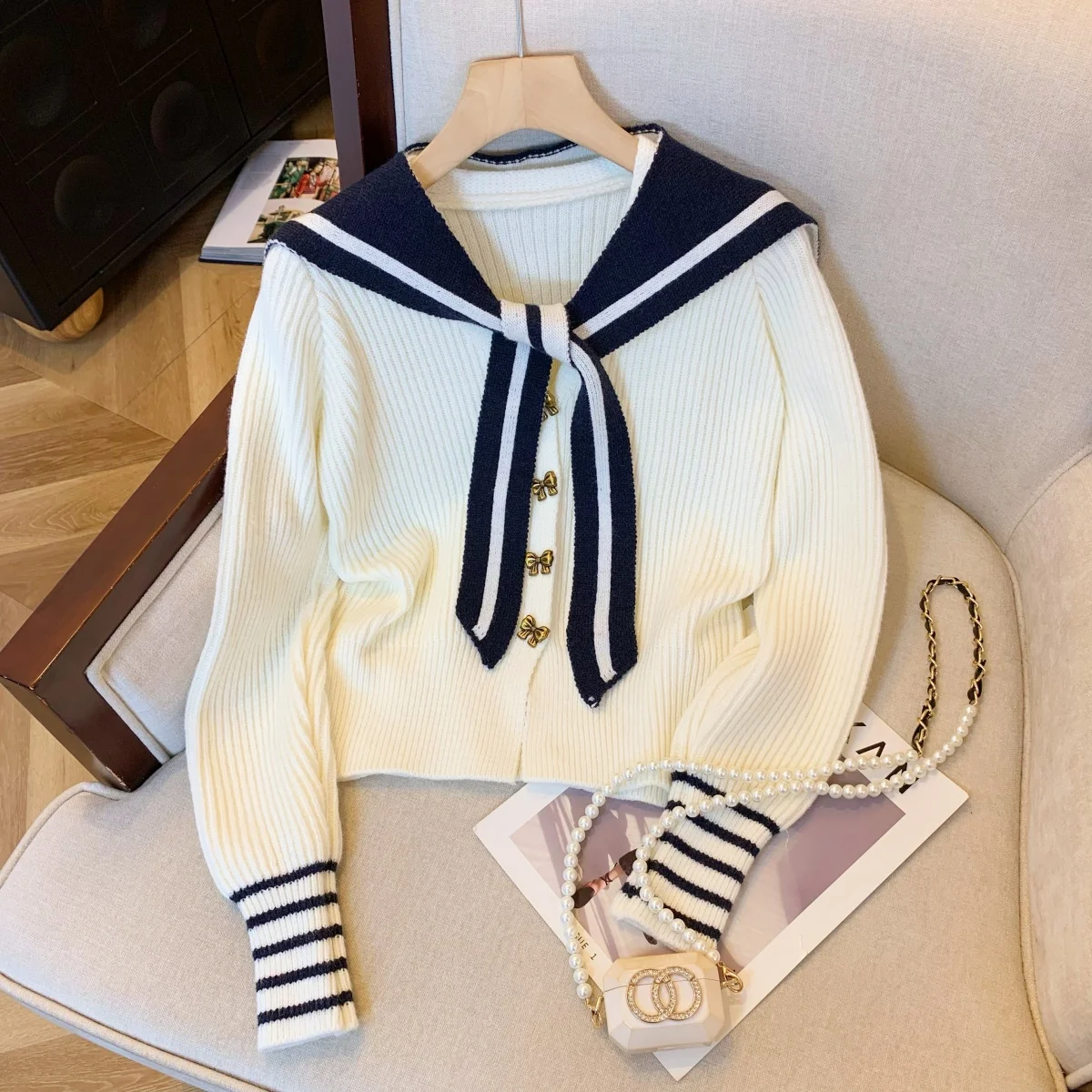 

Women's White Sailor Collar Knitwear Cardigan Long Sleeve Knit Sweater Harajuku Vintage 2000s Christmas Sweater Clothes Autumn