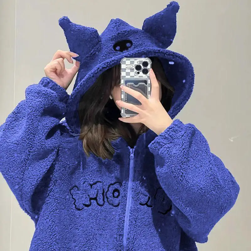 Kawaii Kuromi Cartoon Hooded Sweater Y2K Black Embroidery Sanrios Anime Autumn Winter Thicken Plush Jacket Girl Fashionable Tops