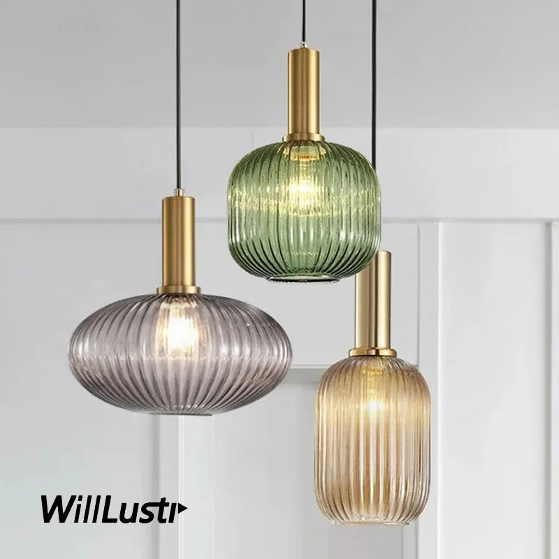 

Smoke Cognac Green Pendant Lamp Ribbed Glass Suspension Light Dining Bedroom Hotel Bedside Cafe Hanging Ceiling Chandelier