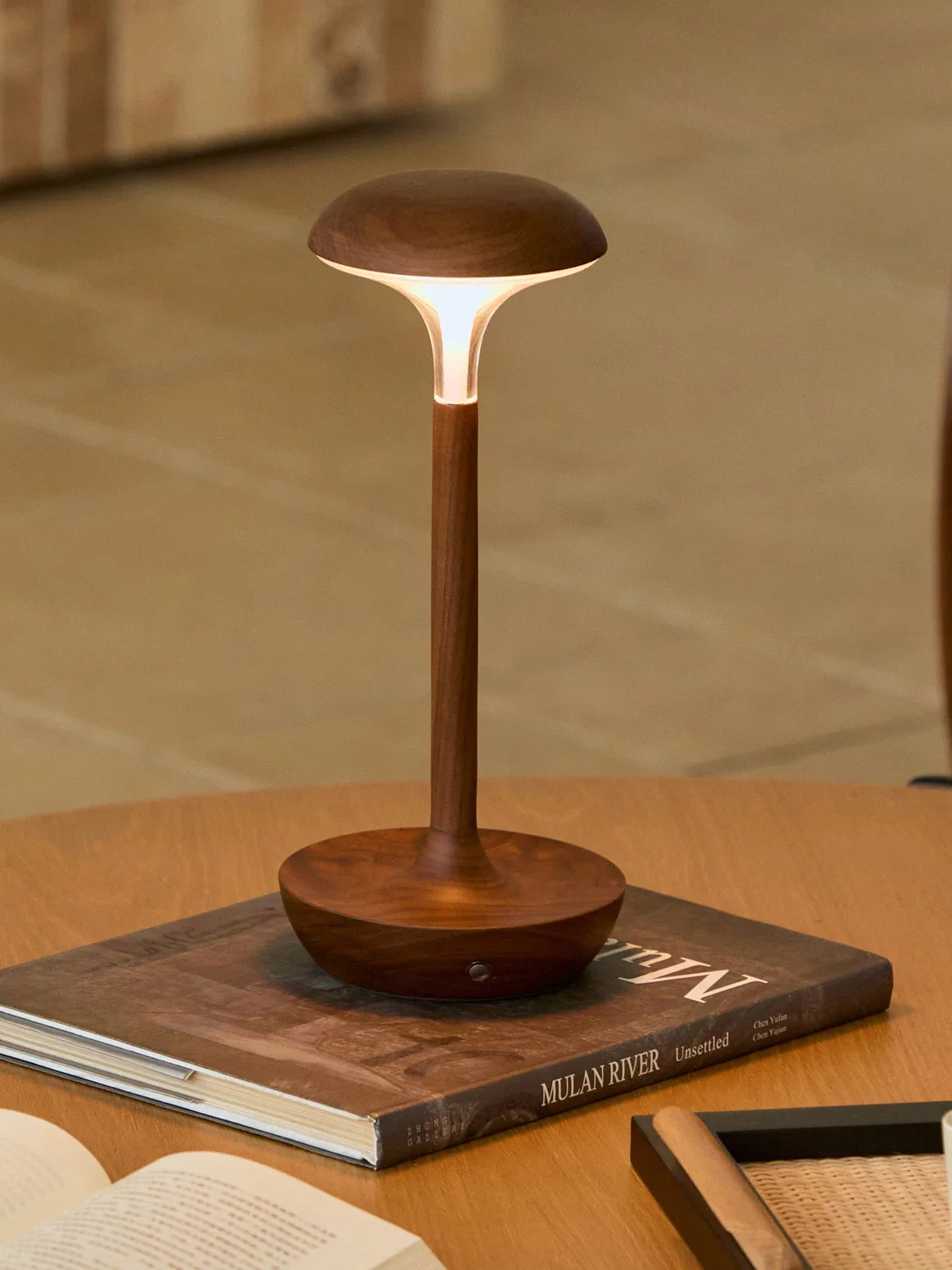 Rechargeable Black Walnut Table Lamp Touch 3 Gear Dimming Minimalist Night Light for Indoor Bedroom Tea Desk