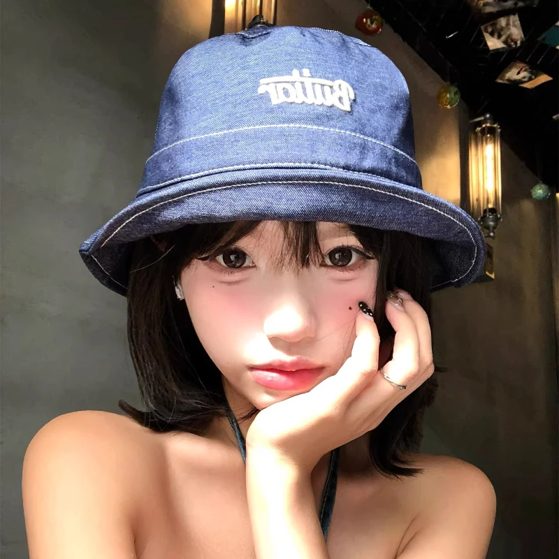 

Korean Retro Blue Denim Embroidered Bucket Hats Women Summer Autumn Travel Leisure Sunscreen Show Face Small Versatile Basin Cap