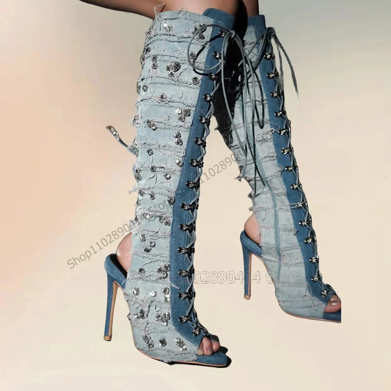 Rose Rot Kristall Dekor Peep Toe Cut Ferse Riemchen Stiefel Seite Zipper Frauen Schuhe Dünne High Heels Mode 2023 Zapatos para Mujere