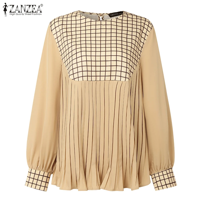 2026ZANZEA Frauen O Hals Langarm Tops Herbst Bluse Frühling Elegante Gefaltete Arbeit Hemd Patchwork Blusas Mujer Pullover Femme