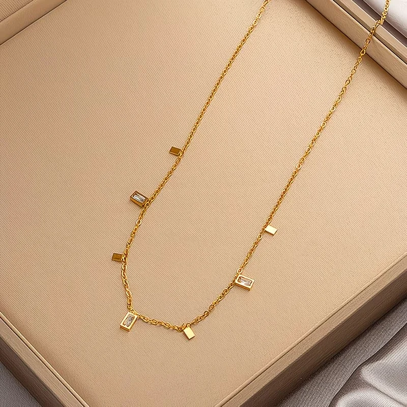 1pc Square CZ Pendant Clavicle Necklace for Women Stainless Steel Fashion Necklace for Evening Parties Weddings and Dates