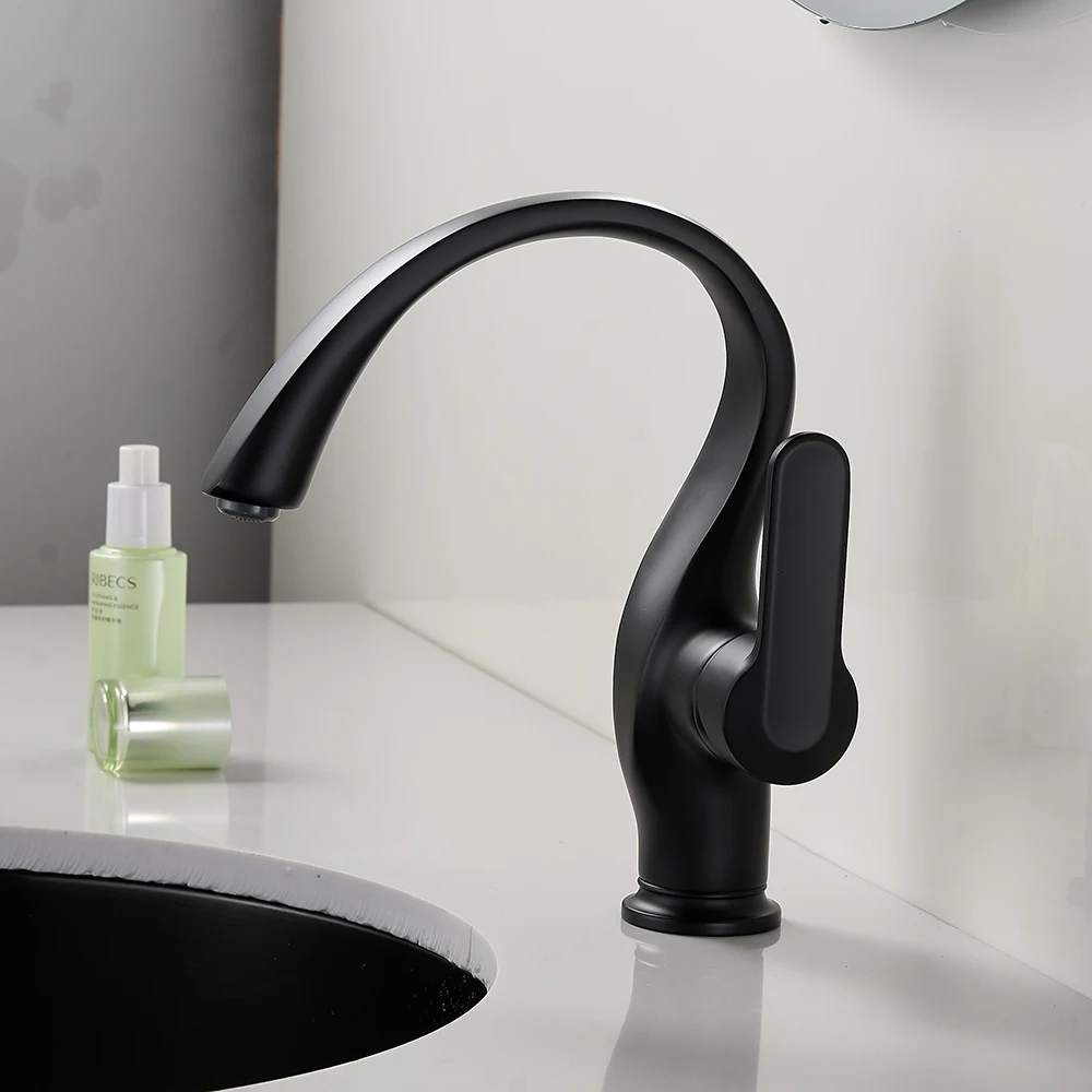 

Basin Sink Bathroom Faucet Deck Mounted Hot Cold Water Basin Mixer Taps Matte Black Lavatory Sink Tap Crane
