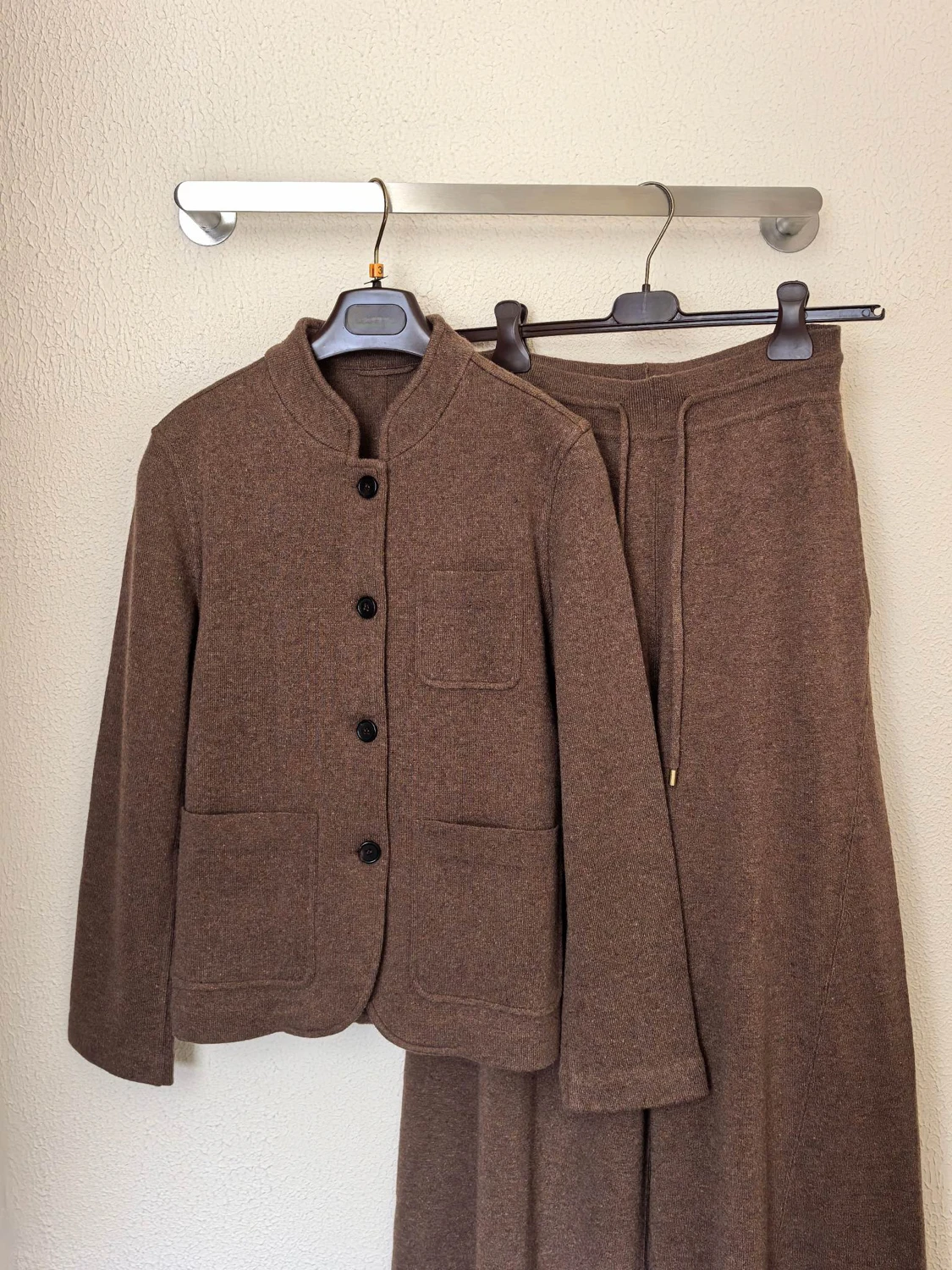 Women's Brown Wool Knit Set for Autumn/Winter: Stand-Collar Jacket and Wide-Leg Trousers