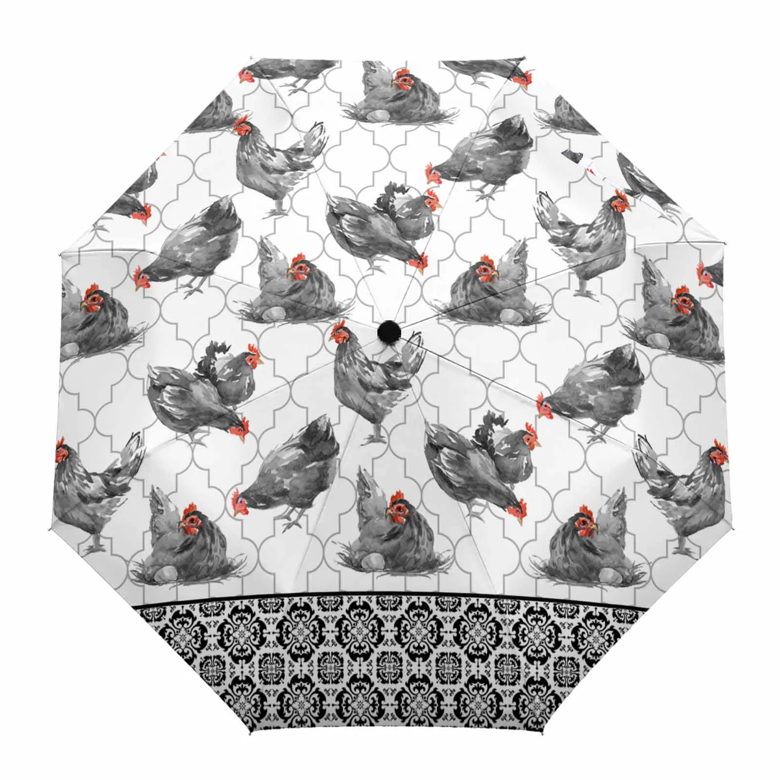 Retro Rooster Hen Floral Texture Automatic Umbrella Travel Folding Umbrella Portable Parasol Windproof Umbrellas