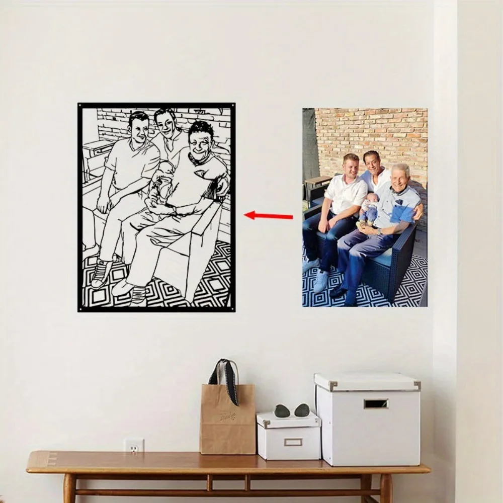 [2D Flat] Custom Multi-Generation Family Portrait Metal Plaque, Photo Convert To Black Line Art Wall Decor (Only For Decoration)