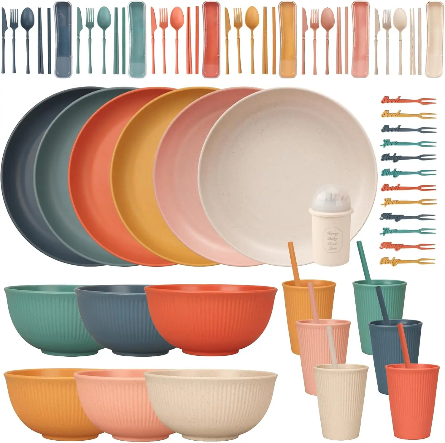 

66 Pcs Dinnerware Sets, Unbreakable Plates and Bowls Sets, Reusable Dinnerware Sets for 6 People, Travel Camping Picnic Home Par
