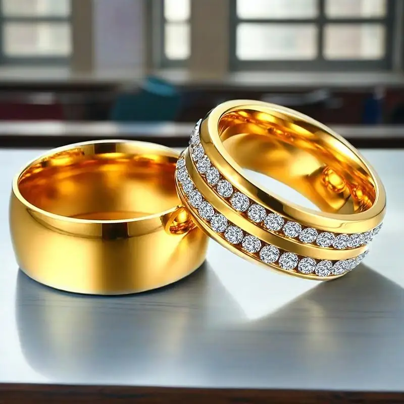 

Trendy Gold Color Stainless Steel Wedding Rings with CZ Stones for Women And Men Engagement Anniversary Valentine's Day Jewelry