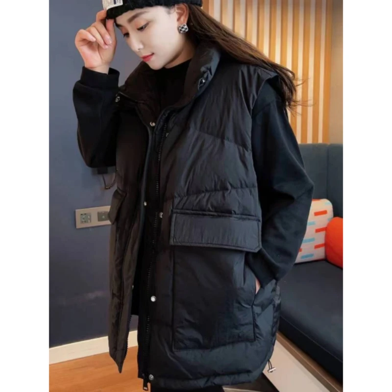 Women's Mid-length Waistcoat, Sleeveless Parkas, Down Vest, Thick Warm Puffer Vests, Korean Outerwear