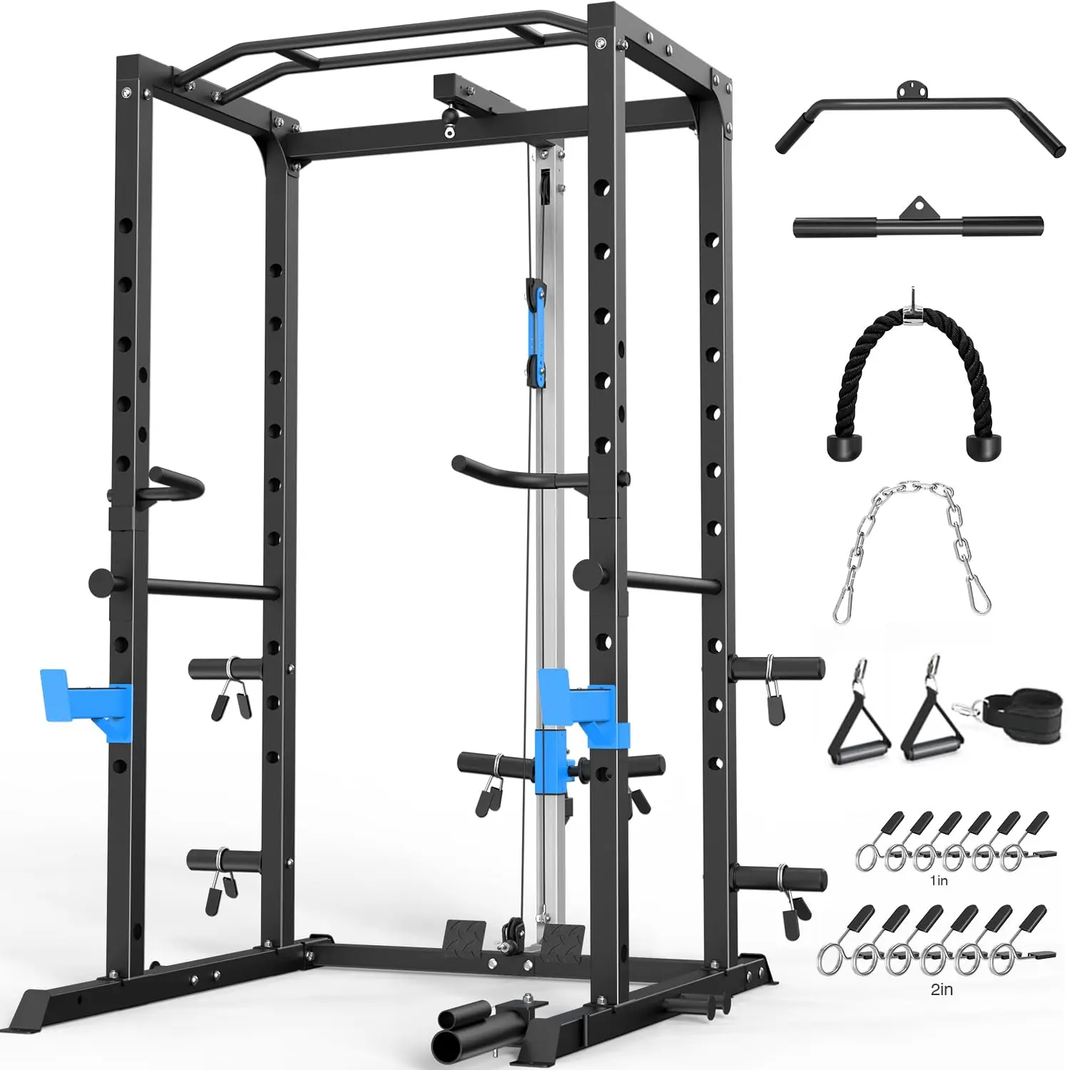 Power Cage, Multi-Functional Power Rack with J-Hooks, Dip Handles, Landmine Attachment and Optional Cable Pulley, Customized