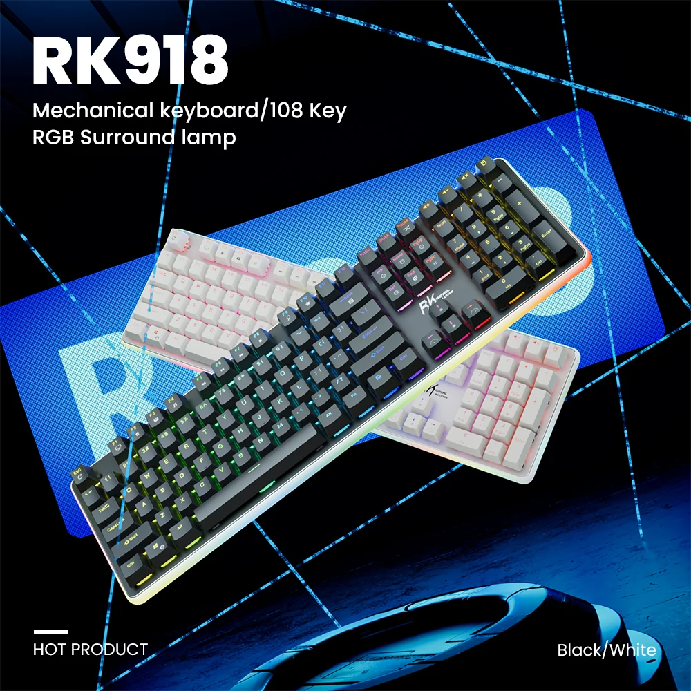 

RK ROYAL KLUDGE RK918 Механическая игровая клавиатура 100% 108 клавиш RGB-подсветка с поддержкой запястья Большая светодиодная боковая лампа с кружением