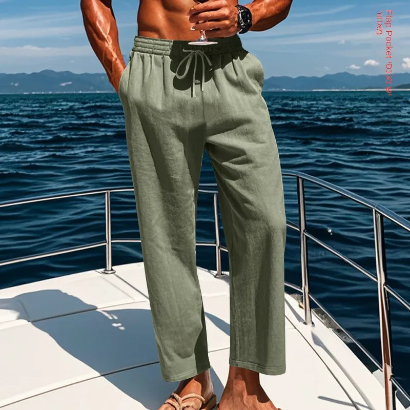 Cross-Border Large Size Men's Linen Pants Breathable Sweat Absorbing  Color Basic Casual Wide Leg Pants