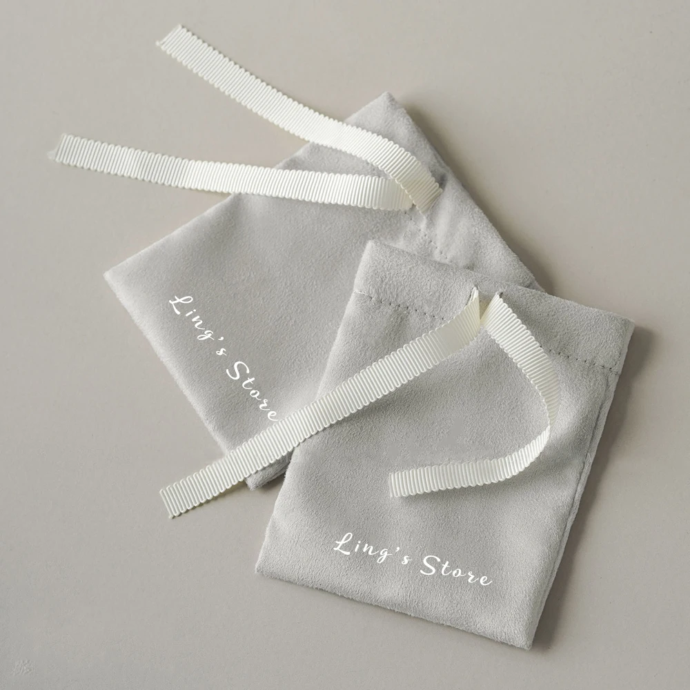 100Pcs Personalized Logo Flannel Jewelry Drawstring Velvet Bag Suede Ribbon Pouch For Earrings Cosmetic Bracelet Rings Packaging