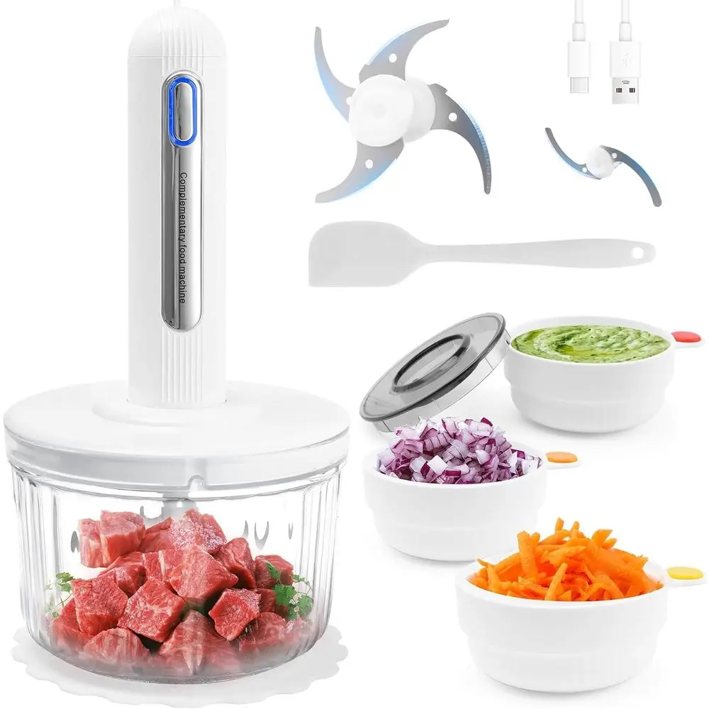 

Electric Meat Grinder with Double Blades, 4 Bowls, Suitable for Baby Food, Vegetable Chopper, Sauces, Outdoor Camping