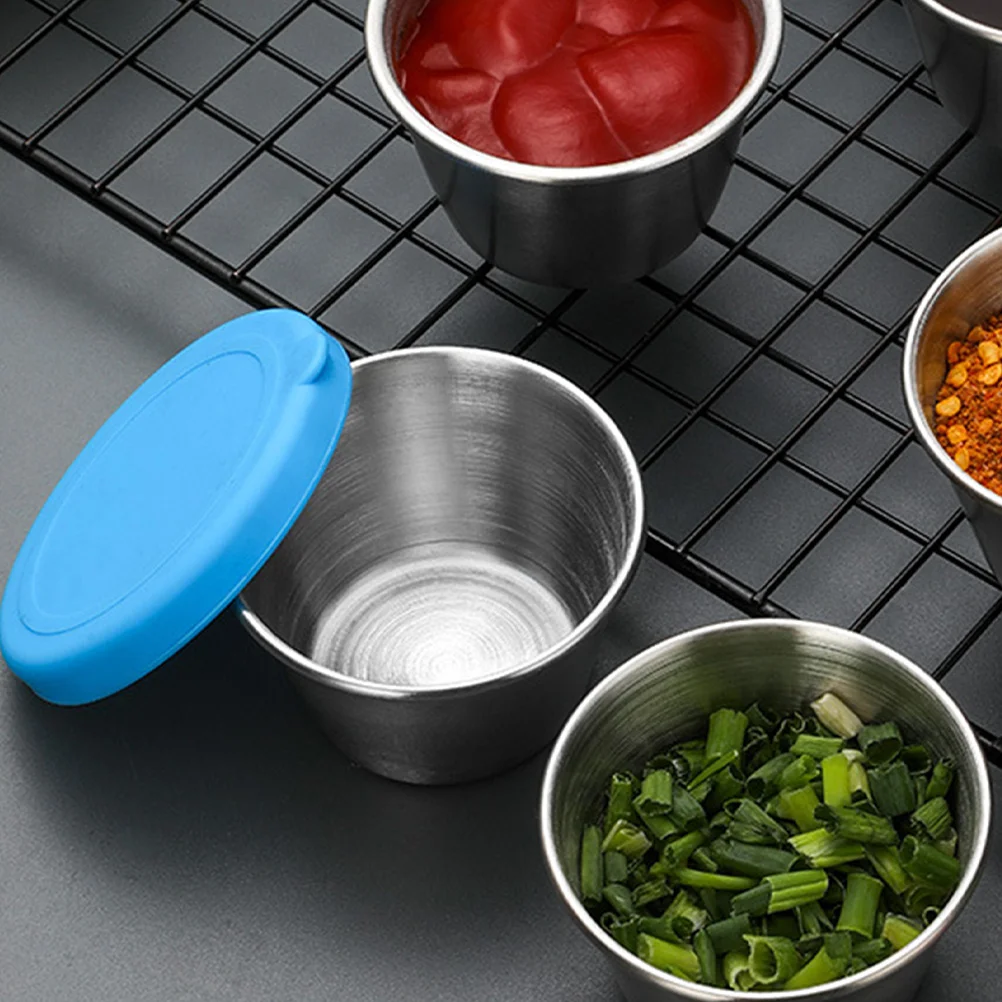 

4 Pcs Stainless Steel Sauce Cups Small Dipping Dish Silicone Cover Airtight Containers for Home Restaurant Reusable Easy Clean