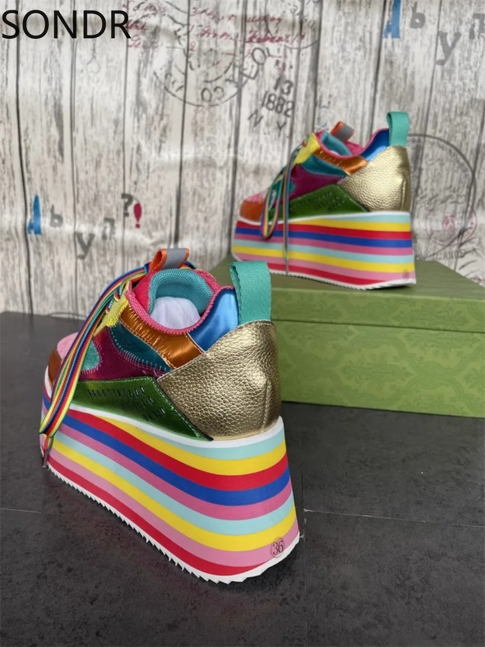 Womens Genuine Leather Sneakers Rainbow Colors Shoes Platform High Heel Casual Luxury New 2024