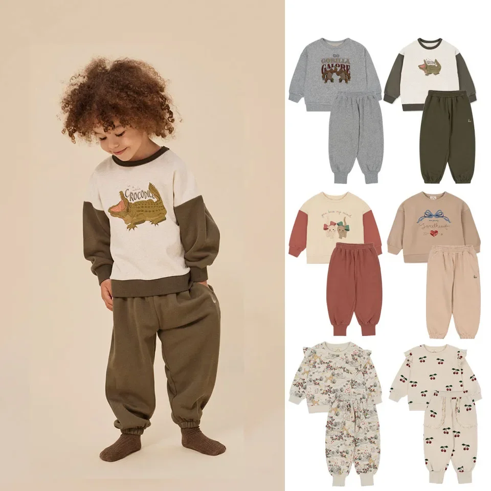 

2024 Cartoon Print Children's Sets Spring Autumn Cotton Kids Sweater Pant 2Pcs Set Floral Toddler Girl Clothes Suit