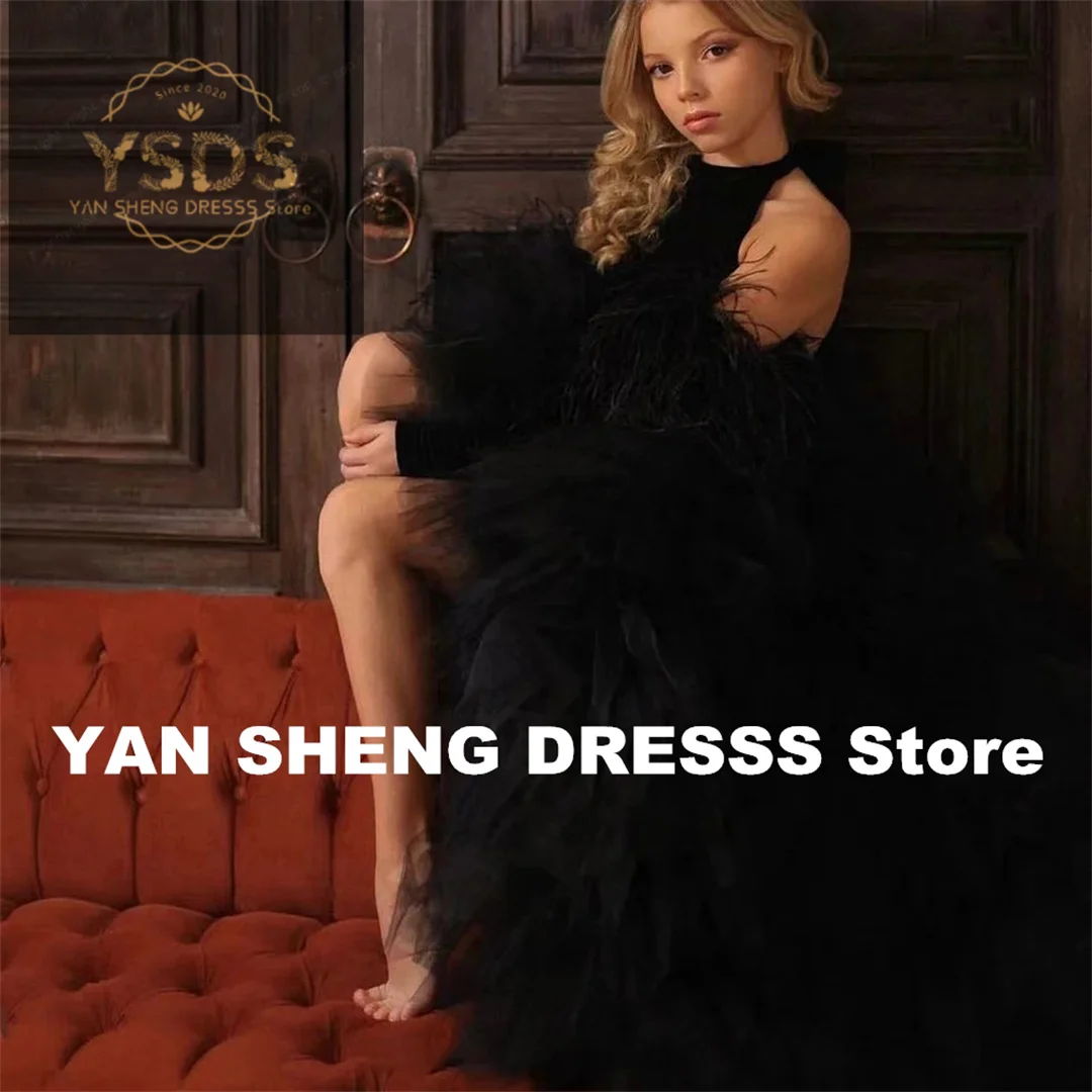 فستان زفاف مخصص أسود مخملي بدون أكمام من التول لفتاة الزهور لأداء البيانو الأنيق وحفلات أعياد الميلاد الأولى