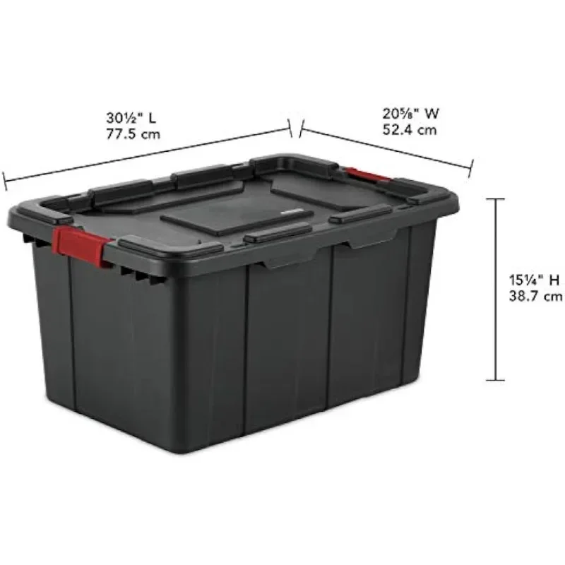 27 Gallon/102 Liter Industrial Tote, Black Lid & Base w/ Racer Red Latches, 4-Pack