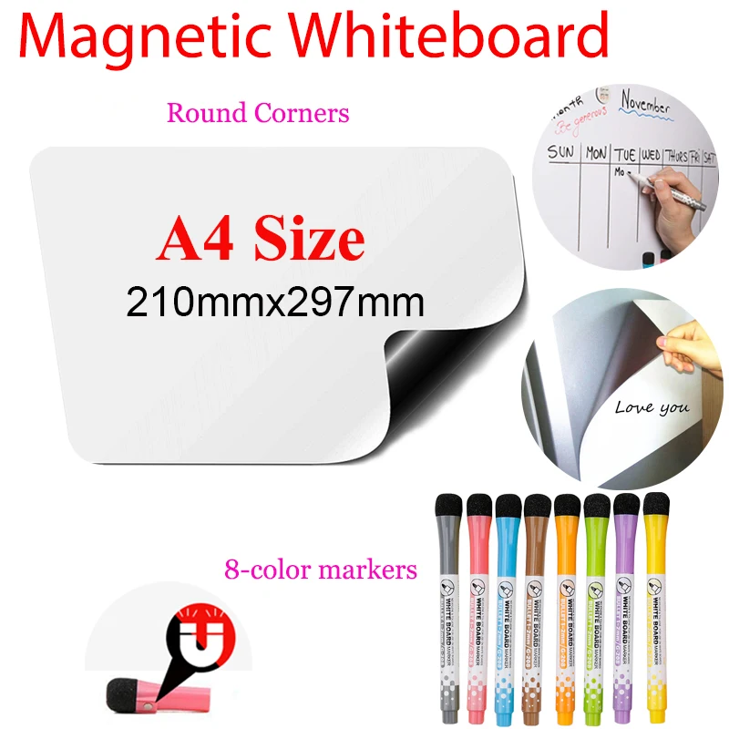 

A4 Rounded Magnetic Whiteboard Reusable Refrigerator Sticker Dry Wipe Mark Graffiti,Write Memo,Message Board,Announcement Board