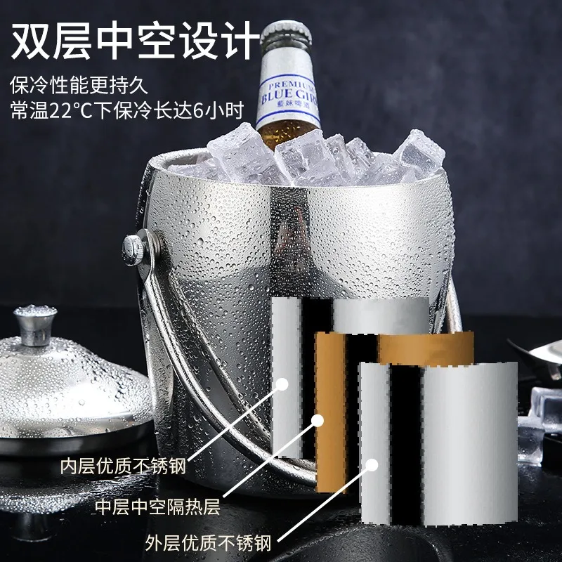 Stainless Steel Wine Cooler, 2.0L Olive Shape Ice Bucket with Handle for Champagne Beer, Double Wall