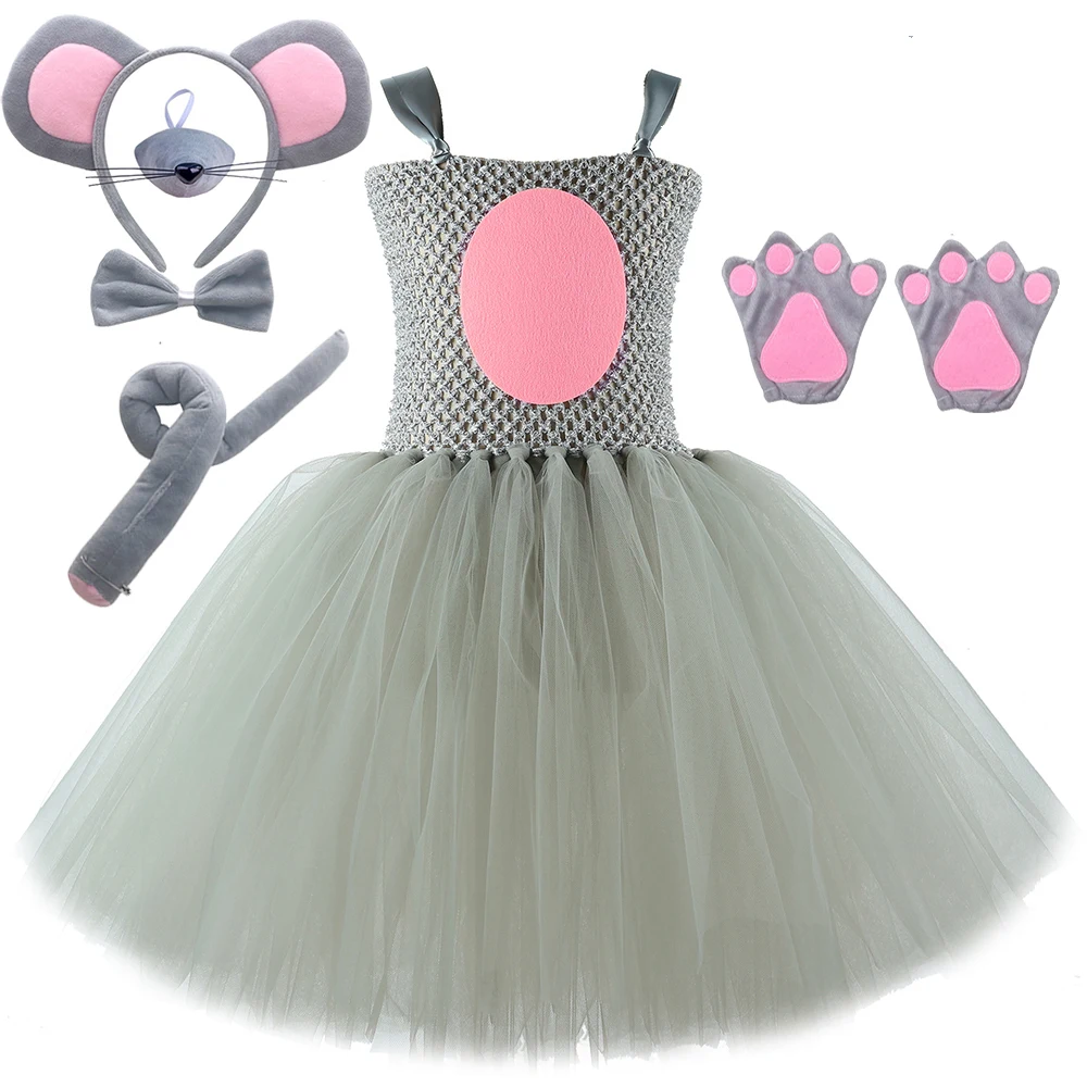 Baby Girls Grey Mouse Costumes for Kids Gray Rat Princess Dresses with Ears Bow Tie Tail Children Halloween Birthday Tutu Outfit