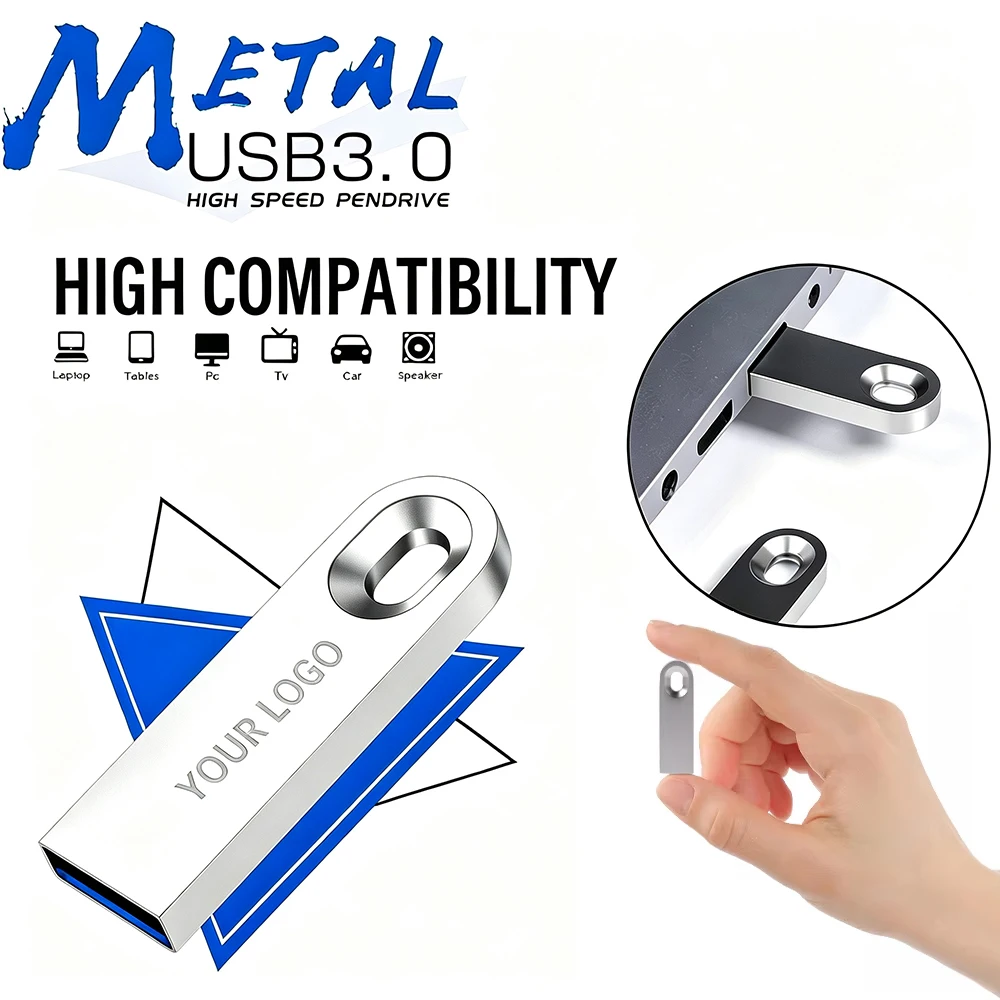 Metal USB 3.0 USB Flash Drive Free Custom Logo Memory Stick 128GB 64GB Silver Pen Drive 32GB 16GB 8GB Business Gift for Laptop