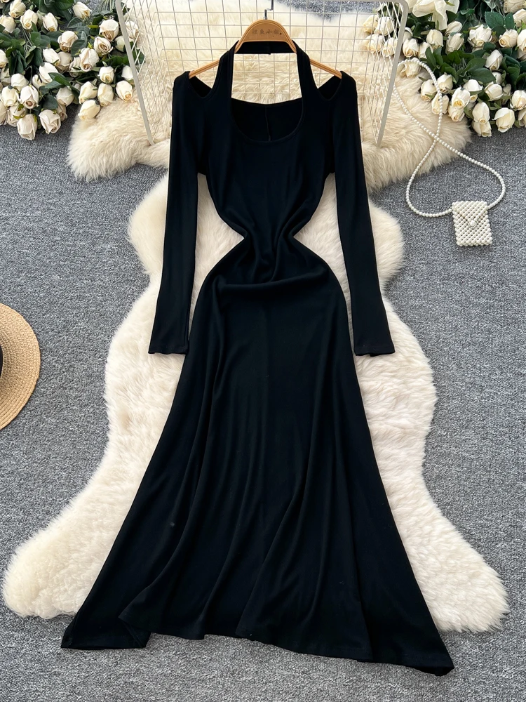 

Sexy Bla Long Sve Gown Ne Hanging Strap Dr Slimming Waist High Waist Polyester Fiber A-Line Skirt Ci Commute