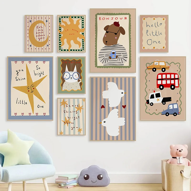 Bohemian Sun Moon Animal Cartoon Illustration Poster Prints Canvas Painting Wall Art Picture Living Kindergarten Room Home Decor
