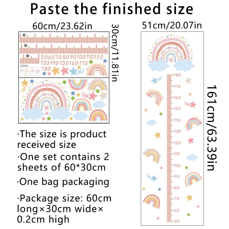 Children Height Measurement Wall Sticker with Rainbow Pattern Removable Growth Chart Wall Decal Set Kids Room Decors