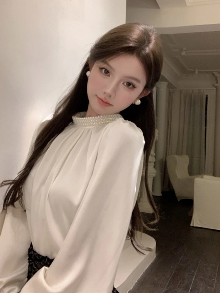 Vintage Satin finish Beads Women Black Shirt Elegant Fashion Stand Collar Long Sleeve Blouses Loose Lady Blouse Autumn Spring