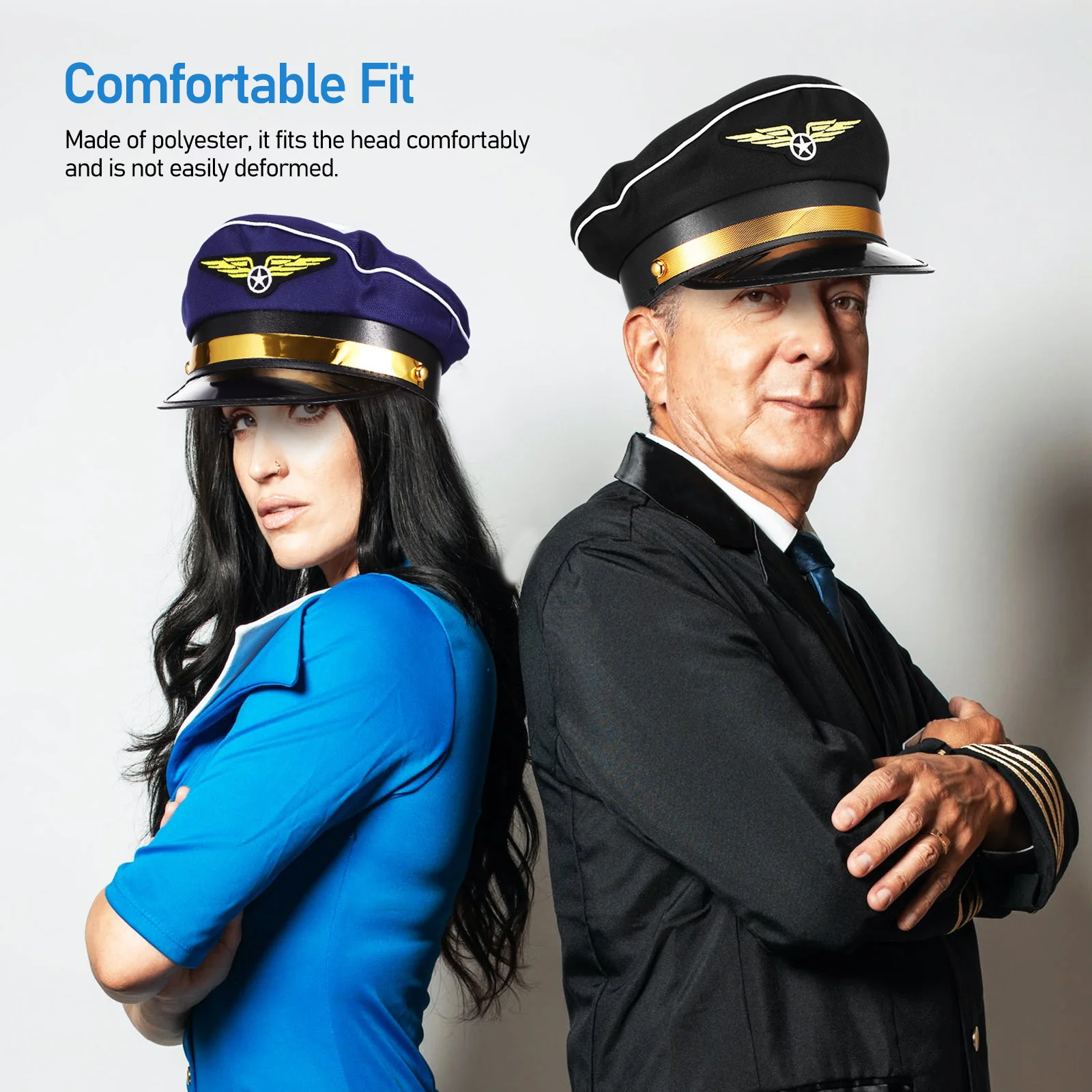 Flight Attendant Pilot Hat Aerospace (Blue + Black) 2-pack Captain Cosplay Costume Decor