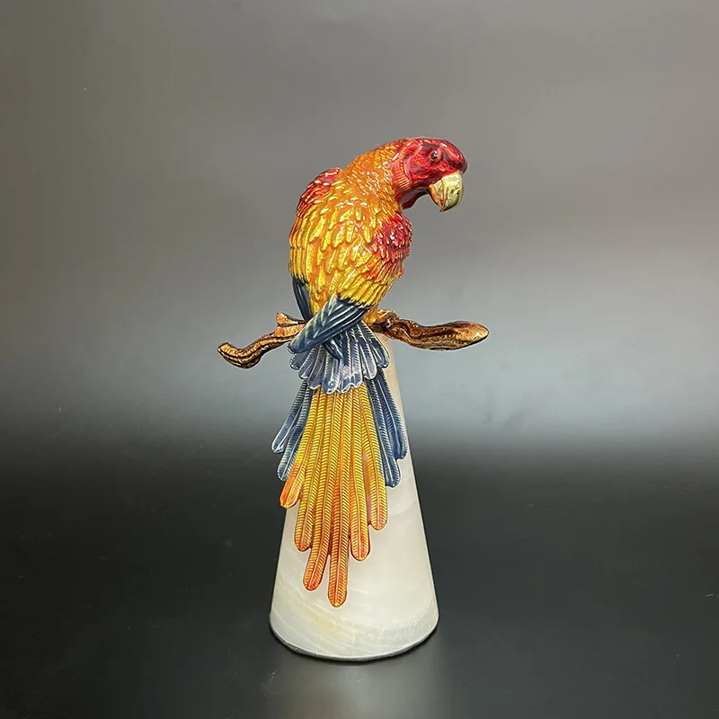 Metal Handicraft Artificial Animal Sculpture Macaw Bird Marble Pedestal Parrot Statue Home Decoration Accessories