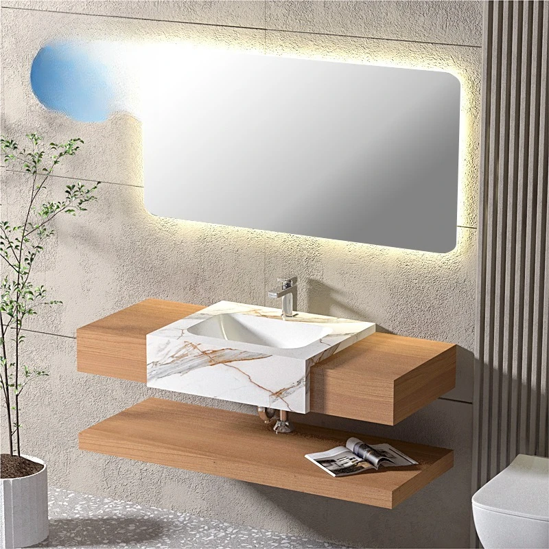 Customized modern luxury marble semi-embedded basin solid surface shallow relief wall hanging floating ceramic sink layered