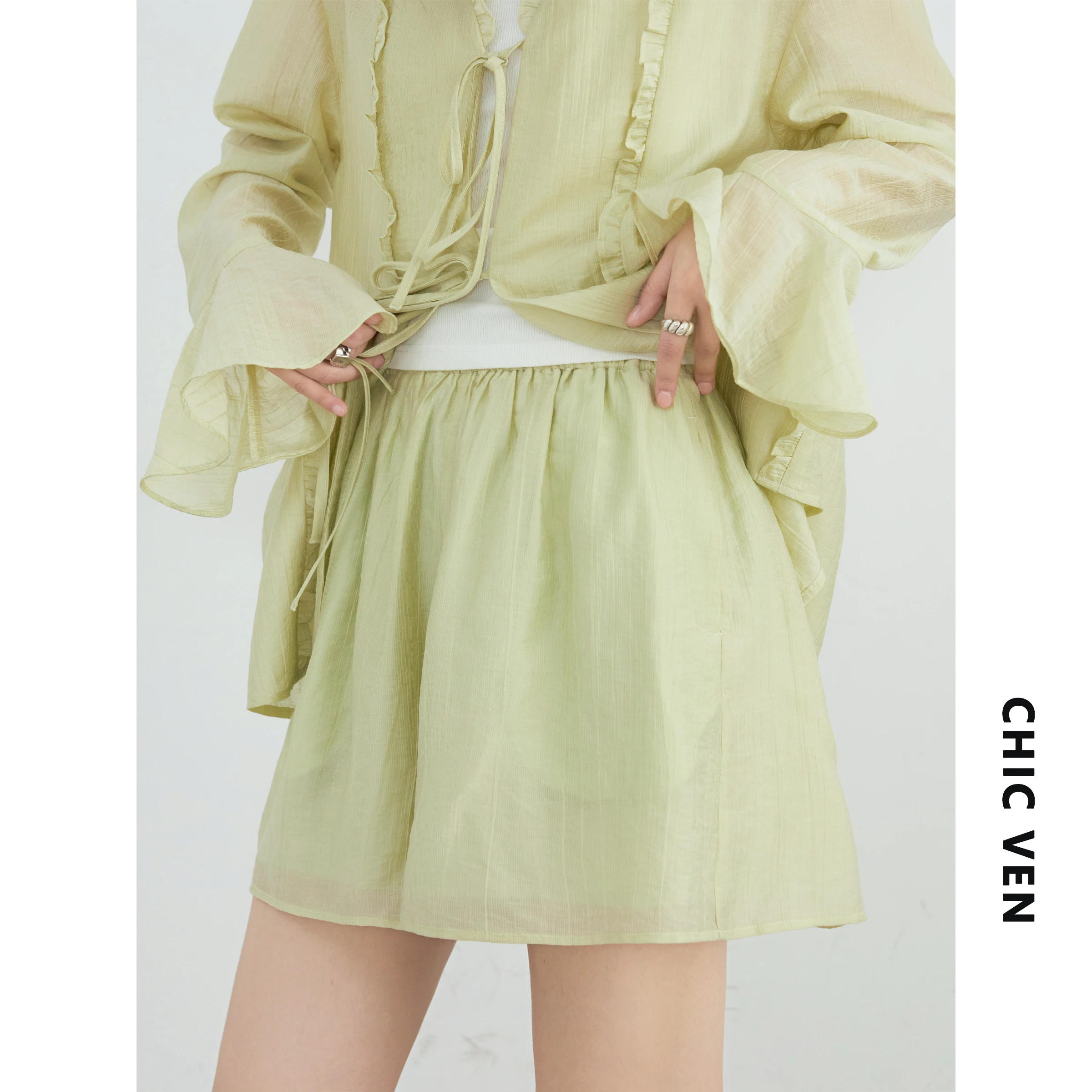 CHIC VEN Women Shirt Long Sleeve Loose Casual New Texture Ruffle Lace Up Blouses V Neck Female A Line Shorts Spring Summer 2025