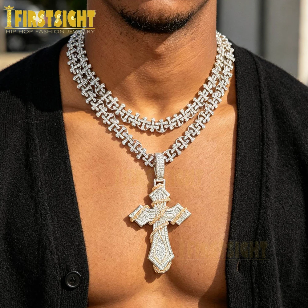 

Iced Out Jesus Thorn Cross Pendant Necklace for Men Bling CZ Cubic Zirconia Charm Cross Cuban Link Chain Hip Hop Fashion Jewelry