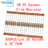 300PCS/Lot 1W Carbon Film Resistor kit 0.1R~750R 30 Values Resistance Set DIY electronic components 5% Color Ring Resistance