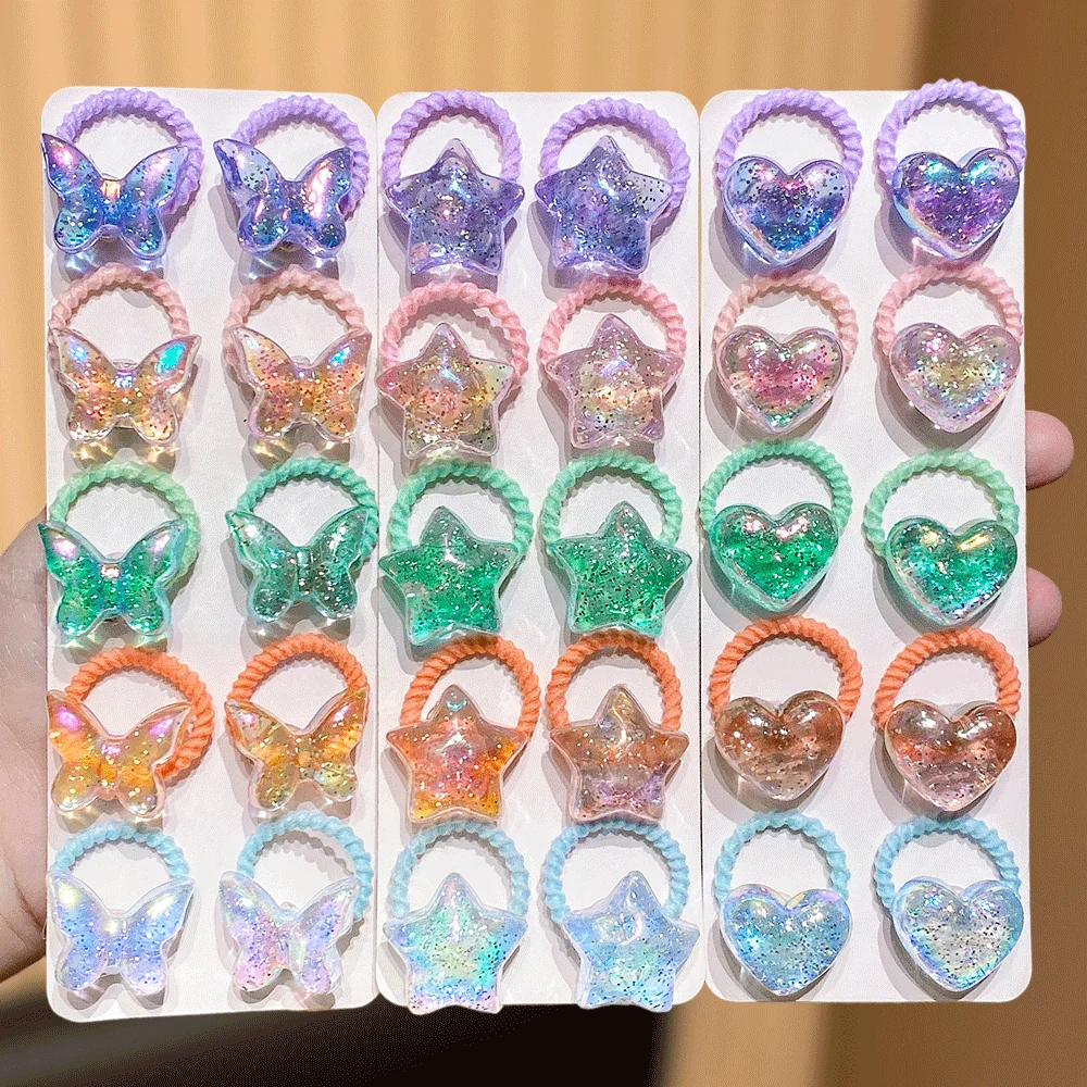 10 قطع من ربطات الشعر الملونة بالترتر للفتيات، أربطة شعر متينة عالية المرونة مع زخارف على شكل نجمة فراشة على شكل قلب عصرية C