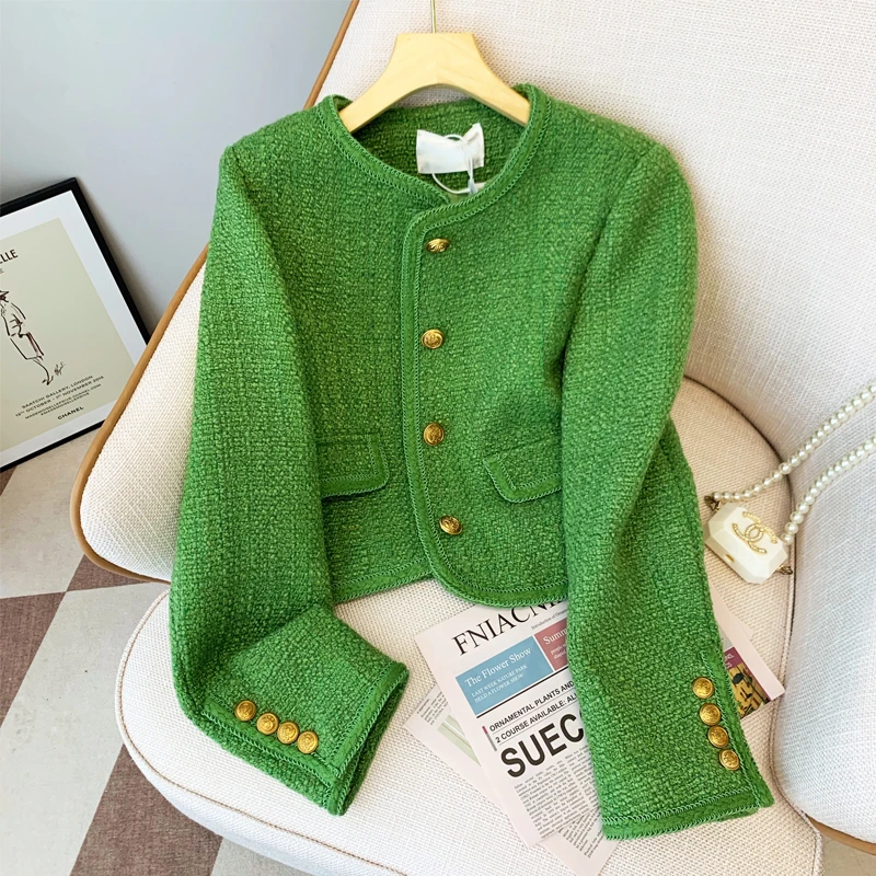 Women Tweed Jacket 2023 Fall Winter Short Coat Korean Elegant Long Sleeve Green Tweed Jacket Luxury Gold Button Cropped Jacket