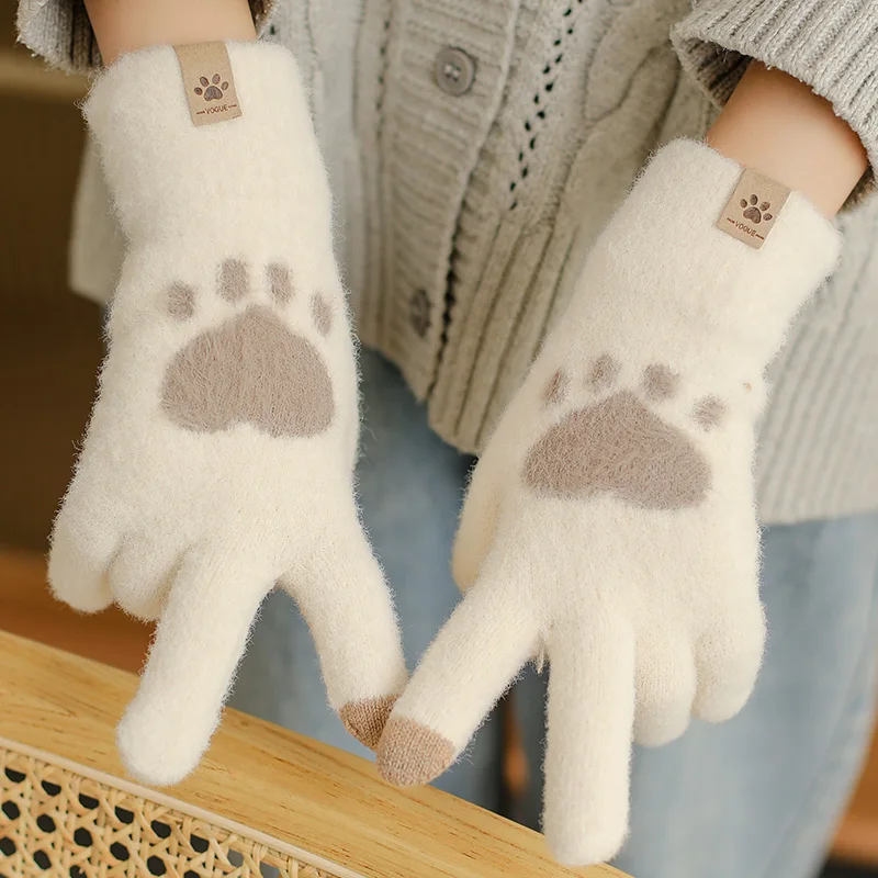 Fashion Cat Paw Printing Gloves Mobile Phone Touchscreen Knitted Gloves Winter Thick & Warm Adult Soft Fluffy Gloves Men\'s Women