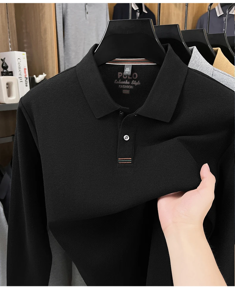 Hochwertiges Langarm-Poloshirt aus 100% Baumwolle für Herren, neue Luxus-Modemarke, Frühling/Herbst, luxuriöser Komfort, lässiges Business-T-Shirt. – Detail 11