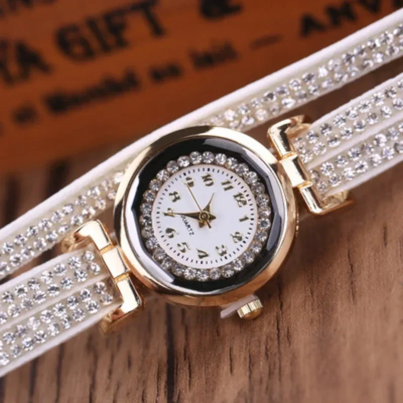 Reloj de cuero con correa larga para mujer, relojes de cuarzo con diamantes de imitación, pulsera informal, regalo femenino