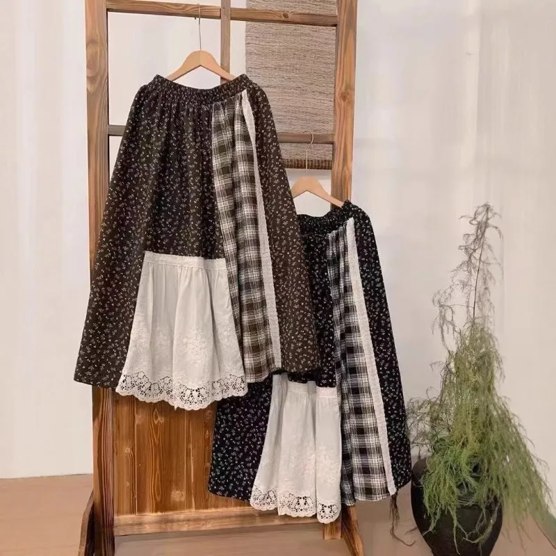 Vintage Mori Girl Style Floral Print Patchwork Plaid Cotton Linen Long Skirt  Womens Spring New A-Line Loose Ruffle Maxi Skirts