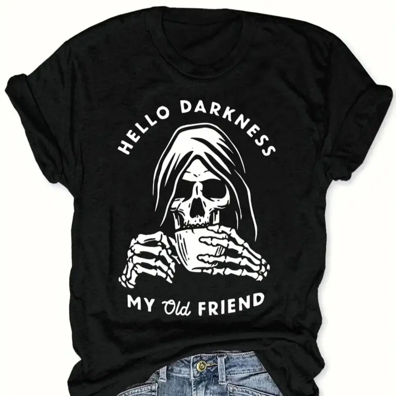 

Crew Neck T-Shirt Fashionable Womens with"Hello Darkness My Old Friend Cartoon Graphic Print T-Shirt Casual Men Clothing
