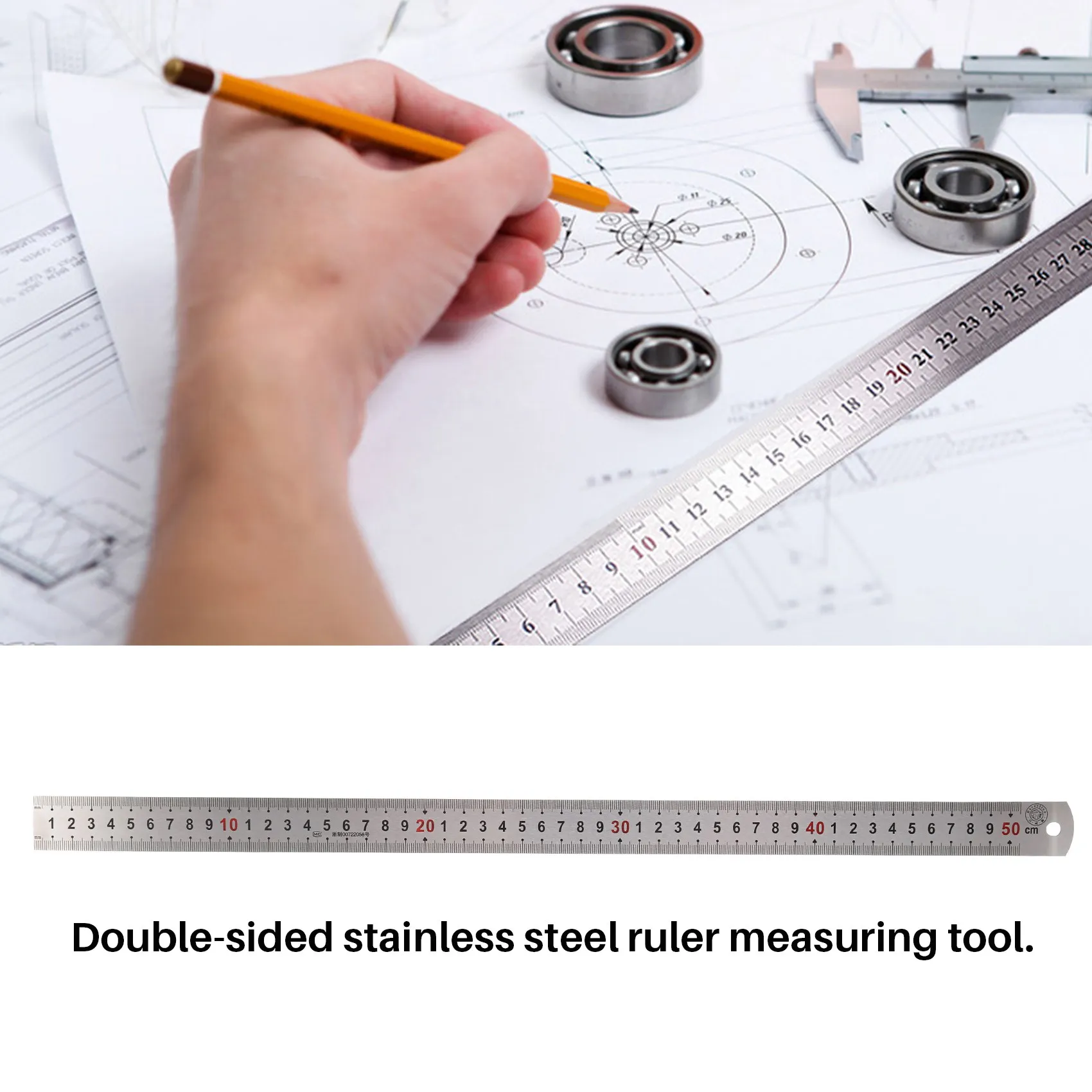ABNP Double Side Scale Stainless Steel Straight Ruler Measuring Tool 50cm
